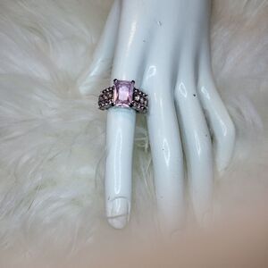 𝅺Silver and pink sapphire & pink crystals cockail ring sz 8